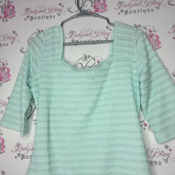 Tropical summer top 3d ruffle frilly square neckline stretchy aqua blue comfy - Picture 2 of 8